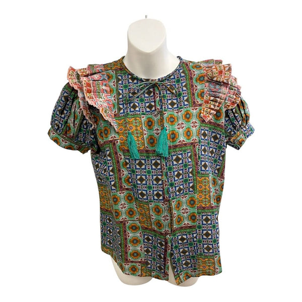 pattern ruffle linen top