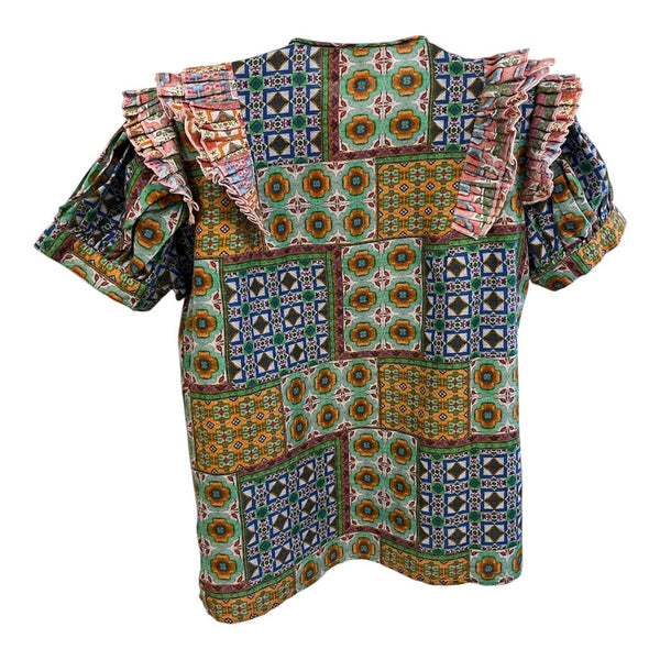 pattern ruffle linen top