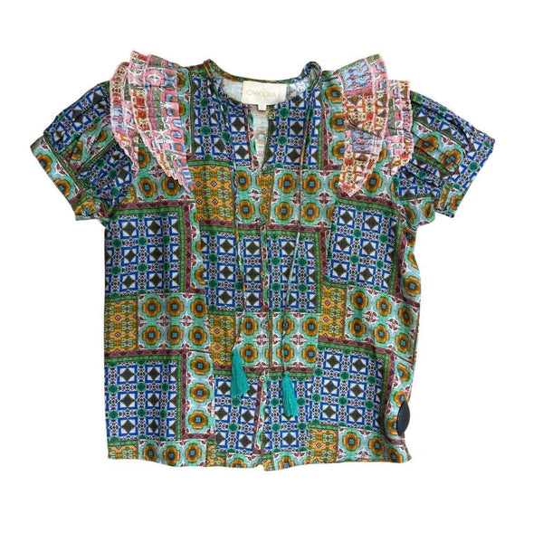 pattern ruffle linen top