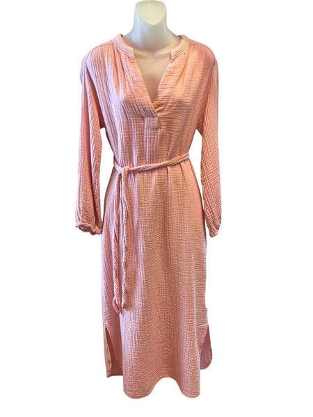gauzy lng slv tie waist dress